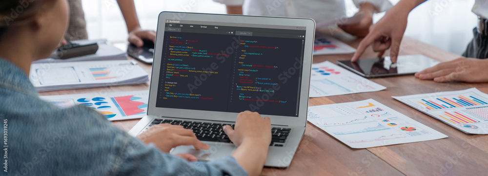 Poster software development programming on computer screen for brisk application and program coding