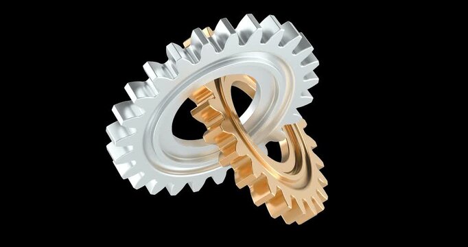 Two interlocking gears rotation animation seamlessly loopable. 3D rendering isolated on transparent background