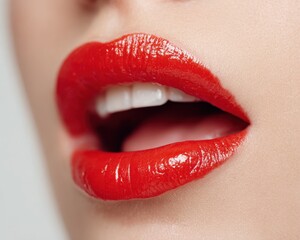 Fototapeta premium Captivating Young Woman with Radiant Makeup, Biting Her Lips Passionately on a Soft White Backdrop