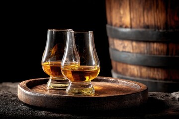 Elegant Glencairn Whisky Glasses on Rustic Wooden Tray with Whisky Barrel in Dim Light