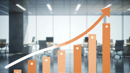 Rising Orange Bar Chart with Upward Arrow in Modern Open Office Space with Desks Chairs and Computers - Powered by Adobe