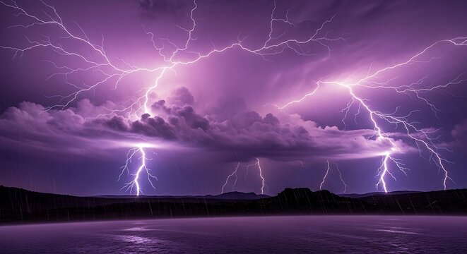 Dramatic Purple Lightning Storm Over Water.