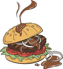 Delicious bbq beef burger with smoky sauce illustration