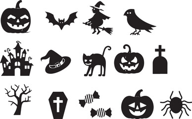 set of halloween element silhouette collection. Black and white vector editable file. pumpkin, ghost, cat, cauldron, horror house, female witch ride, owl, raven bird, skeleton, spider, witch hat