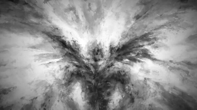 Angry awakened dark angel. Scary grunge 2D animation in horror fantasy genre. Hell visions. Black and white background. Motion graphics for music clips and VJ loops. 4K animated short video. 