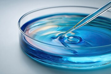 Close-up of a petri dish with a liquid sample and pipette