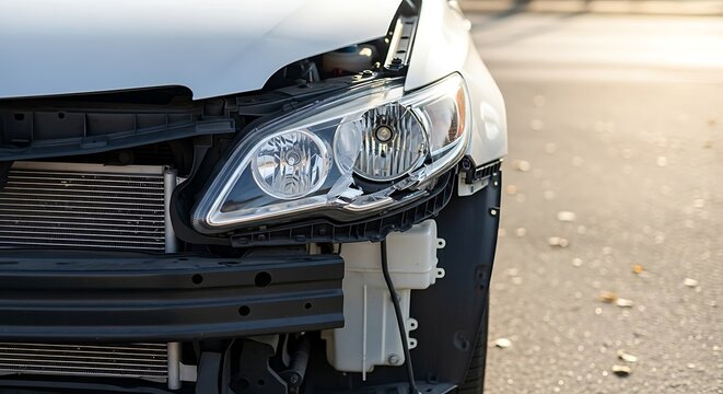 Damaged car with missing bumper and exposed front internal components
