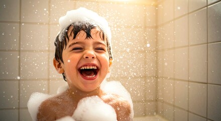A young boy covered in soap and bubbles laughs in a tiled shower with water droplets in the air