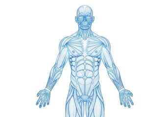 Obraz premium Illustration of the human muscular system in blue wireframe on a white background