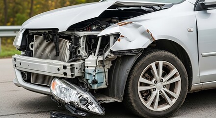 Damaged silver car after accident on road severe crash impact