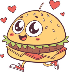 Adorable kawaii burger character with a joyful smiling face illustration