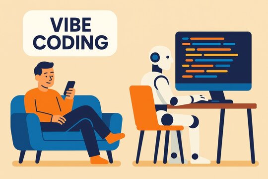 Minimal flat infographic illustration with programmer on sofa using smartphone while humanoid robot at desk types glowing colorful code on display, above man clean white bubble shows text VIBE CODING