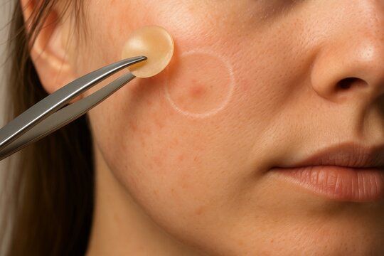 Photorealistic close-up of hydrocolloid acne patch peeled from cheek with tweezers, revealing calmer less red spot beneath, circular imprint boundary showing before versus after effect in one frame