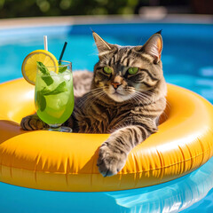 Katze chillt im Pool mit Cocktail