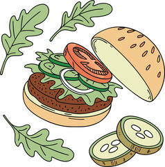 Healthy vegan burger illustration with fresh toppings and ingredients