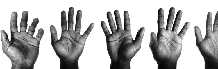 Five open hands in grayscale, set against a black background.  Each hand is detailed with visible lines and textures