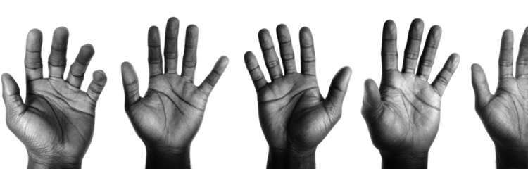 Five open hands in grayscale, set against a black background.  Each hand is detailed with visible lines and textures
