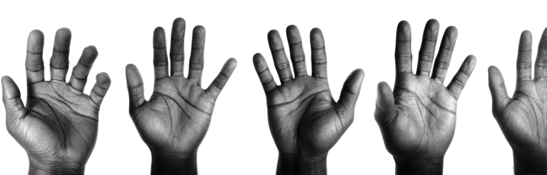 Five open hands in grayscale, set against a black background.  Each hand is detailed with visible lines and textures
