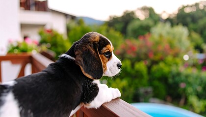 Adorable beagle puppy on a balcony, gazing at a scenic view