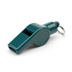 Durable green plastic whistle with metal keychain ring for outdoor activities and safety white background