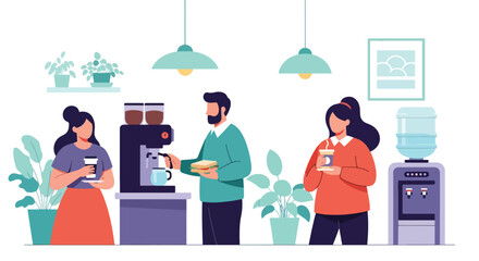Flat style illustration of office workers enjoying coffee and snacks in a break room, symbolizing workplace relaxation, social interaction, and balance in a modern professional environment