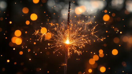 Obraz premium Illustration of a sparkler emitting bright sparks against a blurred bokeh background, symbolizing celebration, New Year, and festive holiday mood