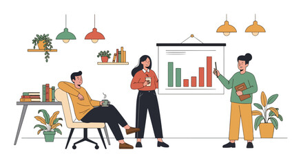Flat style illustration of colleagues discussing bar charts during a casual office meeting with coffee, symbolizing teamwork, strategy, communication, and workplace collaboration
