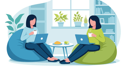 Flat style illustration of two women working on laptops while enjoying coffee in a cozy home setting, symbolizing remote work, comfort, productivity, and modern lifestyle balance