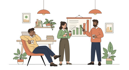 Flat style illustration of colleagues discussing bar charts during a casual office meeting with coffee, symbolizing teamwork, strategy, communication, and workplace collaboration
