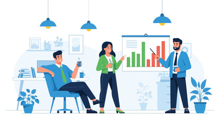 Flat style illustration of colleagues discussing bar charts during a casual office meeting with coffee, symbolizing teamwork, strategy, communication, and workplace collaboration