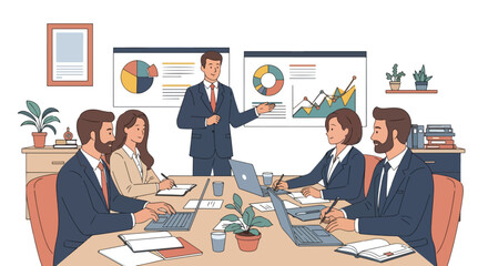 Flat style illustration of a business leader presenting charts to a corporate team in a meeting room, symbolizing strategy, teamwork, analysis, and professional growth