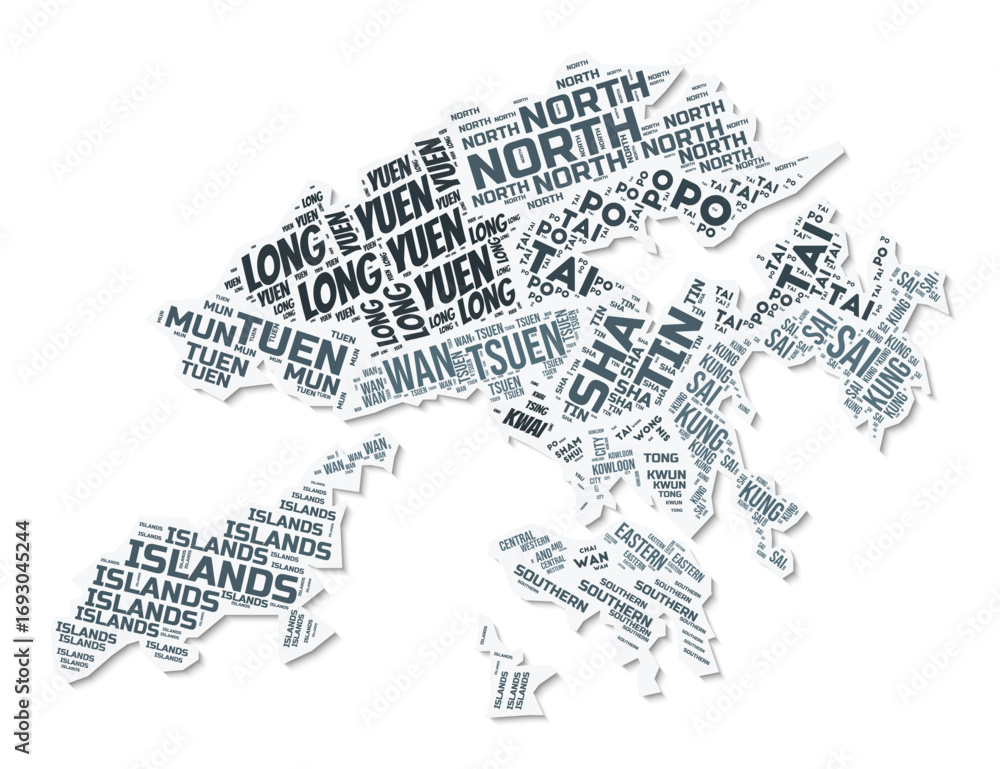 Poster hong kong shape text cloud. country border with shadow on white background. hong kong with regions d