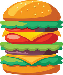 Illustrative stacked giant burger with multiple delicious layers and ingredients