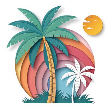 Layered papercut illustration of tropical palm trees with colorful sunset