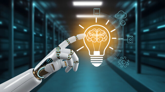 Digital Innovation: A robotic arm reaches towards a glowing light bulb containing a brain, set against a backdrop of a data center, representing technological progress, innovation.