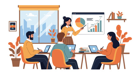 Flat style illustration of a businesswoman presenting charts to colleagues in a meeting, symbolizing teamwork, leadership, strategy, and professional growth in a modern corporate office