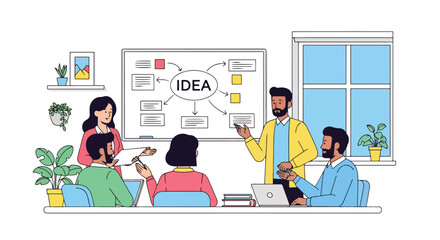 Flat style illustration of a business team brainstorming ideas in a meeting with a whiteboard, symbolizing creativity, teamwork, strategy, and innovation in a modern corporate office
