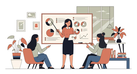 Flat style illustration of a businesswoman presenting data charts to colleagues in an office meeting, symbolizing teamwork, strategy, leadership, and professional growth in a modern workplace