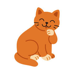 Vector illustration of red cat sitting and smiling. Happy cat sitting and licking paw. Cute kitten clipart.
