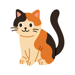 Vector playful calico cat standing and smiling. Cute cat standing with lifted tail and happy face. Funny kitten illustration.