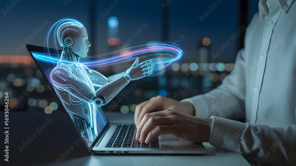 Poster ai and laptop: an image showing the evolution of ai technology as it blends with the digital world