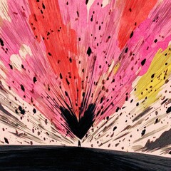 A solitary figure stands amidst a vibrant explosion of radiant pinks, reds, and yellows, radiating outward from a central black void.