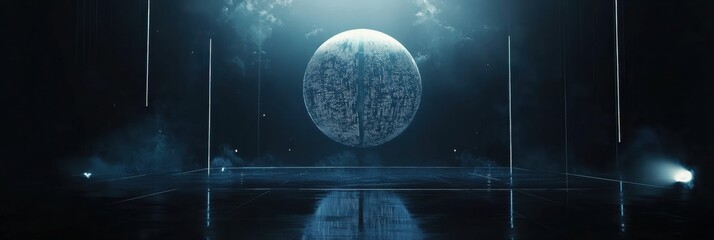 Digital sphere illuminated in a dark environment with holographic visual effects showcasing technology at an exhibition in an urban setting