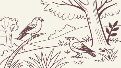 Fototapeta premium Two Birds in a Simple Line Drawing Landscape vector.