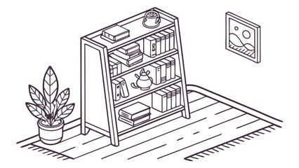 Fototapeta premium Isometric Line Drawing of a Wooden Bookshelf with Books Decorative Items and a Potted Plant vector.