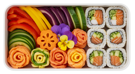 colorful sushi bento box with flowers on transparent background