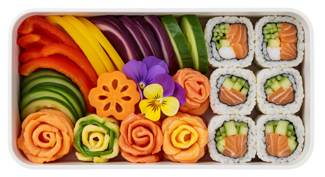 colorful sushi bento box with flowers on transparent background
