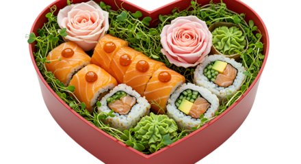 heart shaped box filled with sushi roses on transparent background