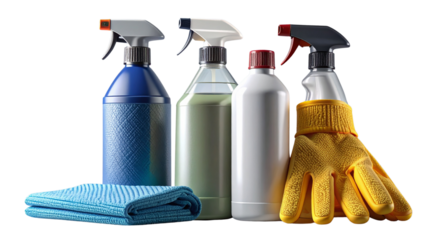 Set of Insulated Cleaning Spray Bottles and Gloves, Front View, Isolated on Transparent Background
