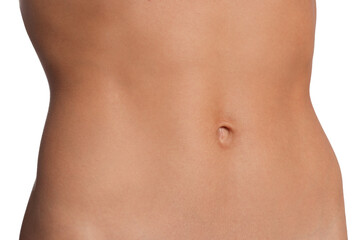Woman with flat belly on white background, closeup